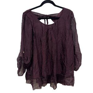 LE Marais Women's Burgundy Silk Blouse Top Shirt Medium M